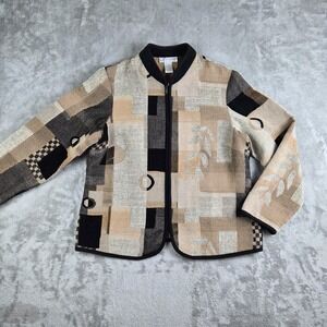 Vintage Dressbarn Jacket  Large Tan Black Abstract Patchwork Tapestry Artsy Boho